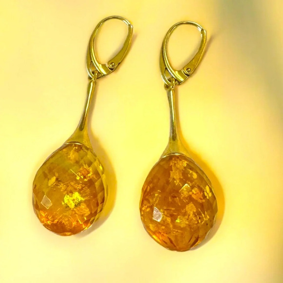 Genuine Faceted Honey Amber Gold/Sterling Dangle Earrings - Picture 6 of 13
